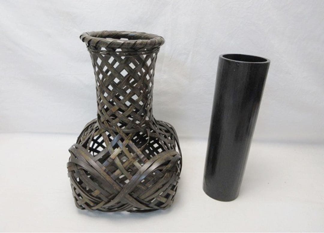 ほぼ未使用 華道具 淡々斎好写 砧籠花入 竹おとし付 茶器 竹籠 竹編籠 紙箱