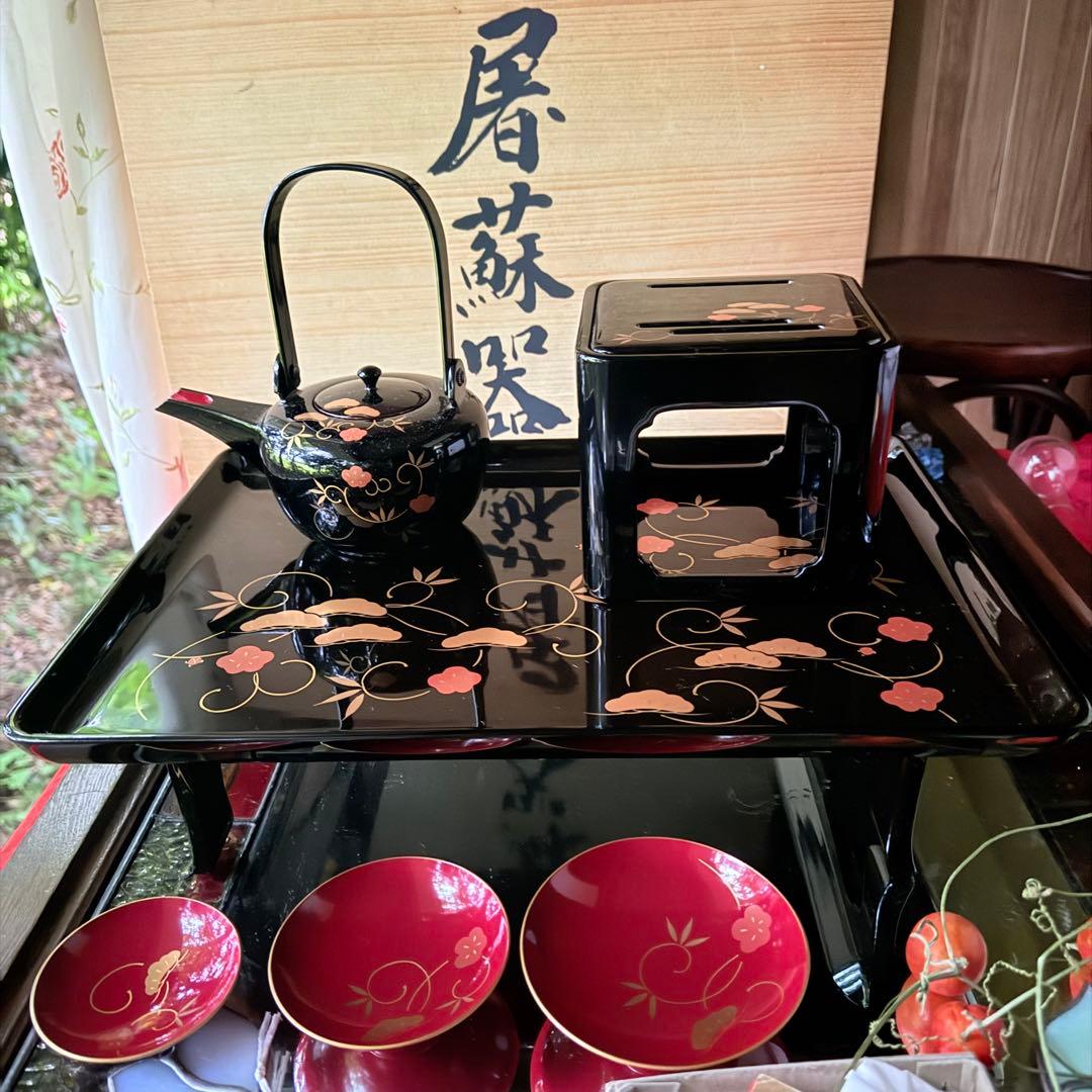 超限定1月21日20時迄‼️JAPAN天然木会津塗お屠蘇器蒔絵松竹梅四ッ揃杉箱入