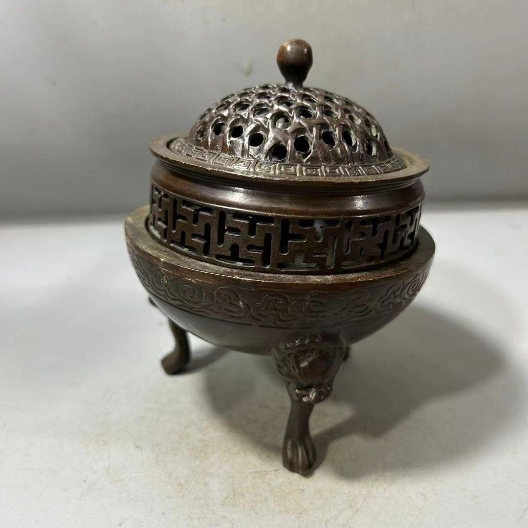 銅器 三層獅足祥雲紋薫香炉 茶道檀香炉 盤香炉 仏具 工芸品 置物