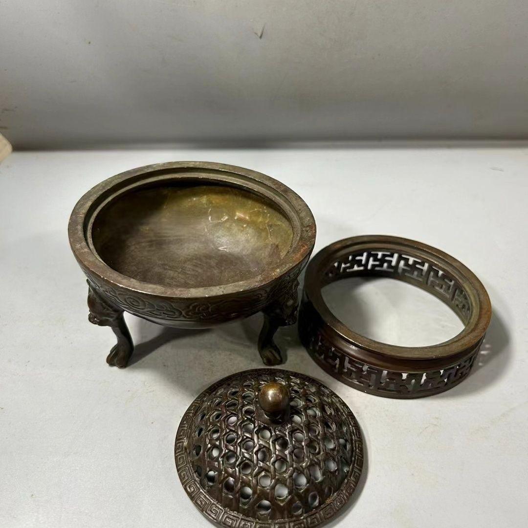 銅器 三層獅足祥雲紋薫香炉 茶道檀香炉 盤香炉 仏具 工芸品 置物