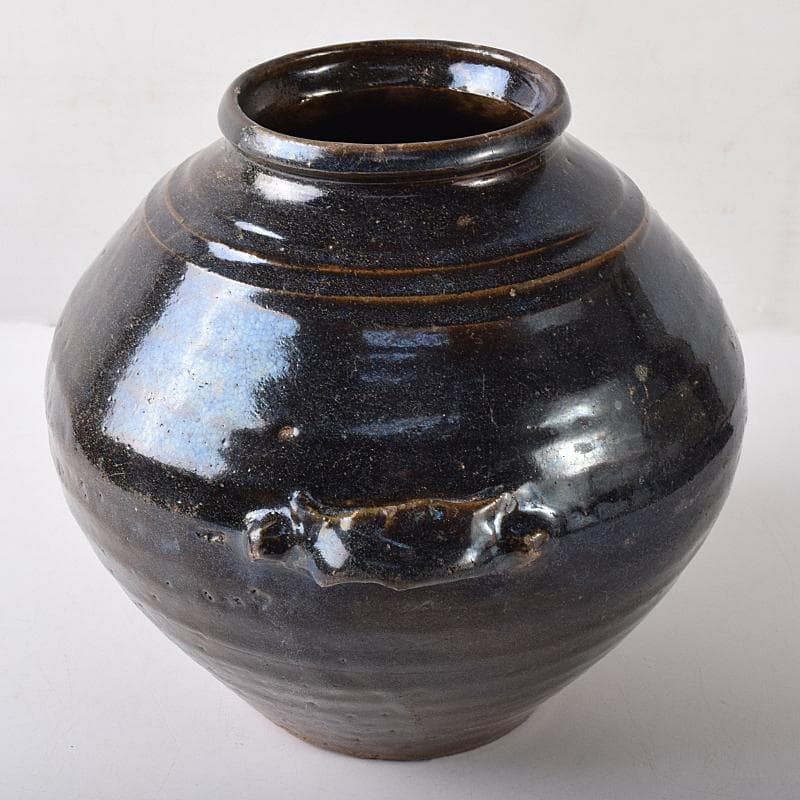 朝鮮美術　李朝　高麗黒釉　双耳壷　時代箱付　V　R8409B