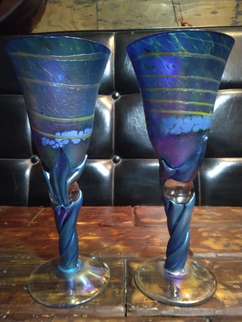 一点物　コリン・ヒーニー　ゴブレット　2個　アート　グラス　吹きガラス　サイン