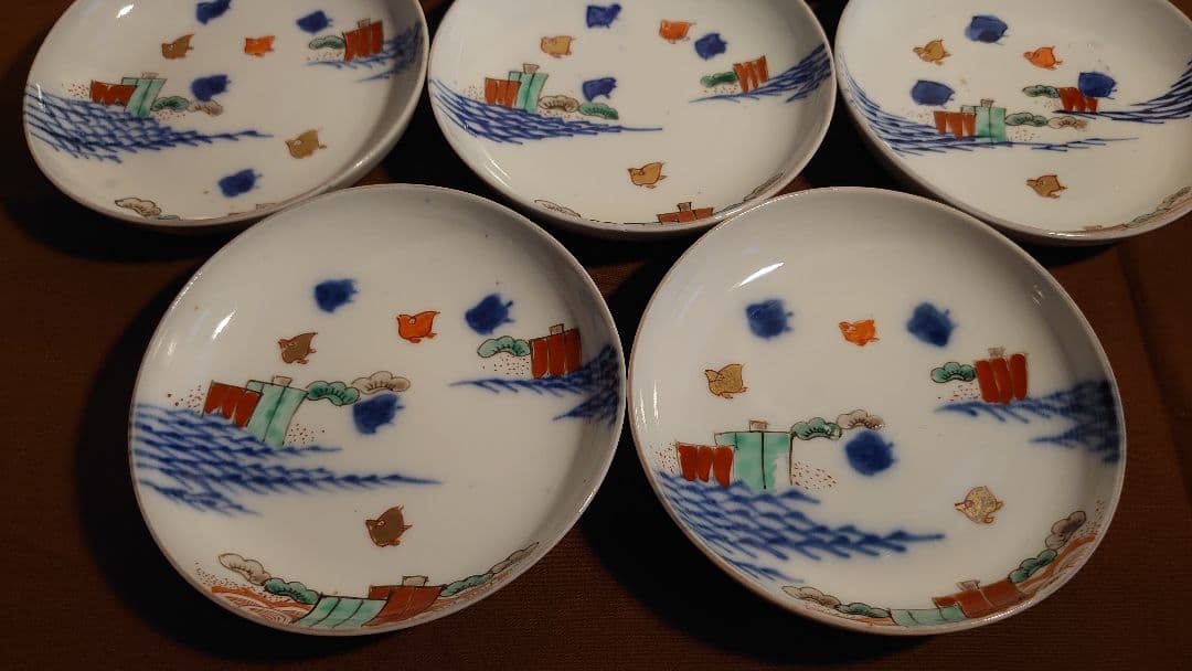 古伊万里　伊万里　波千鳥　色絵　アンティーク伊万里　菓子皿　希少図柄　蔵出　７客