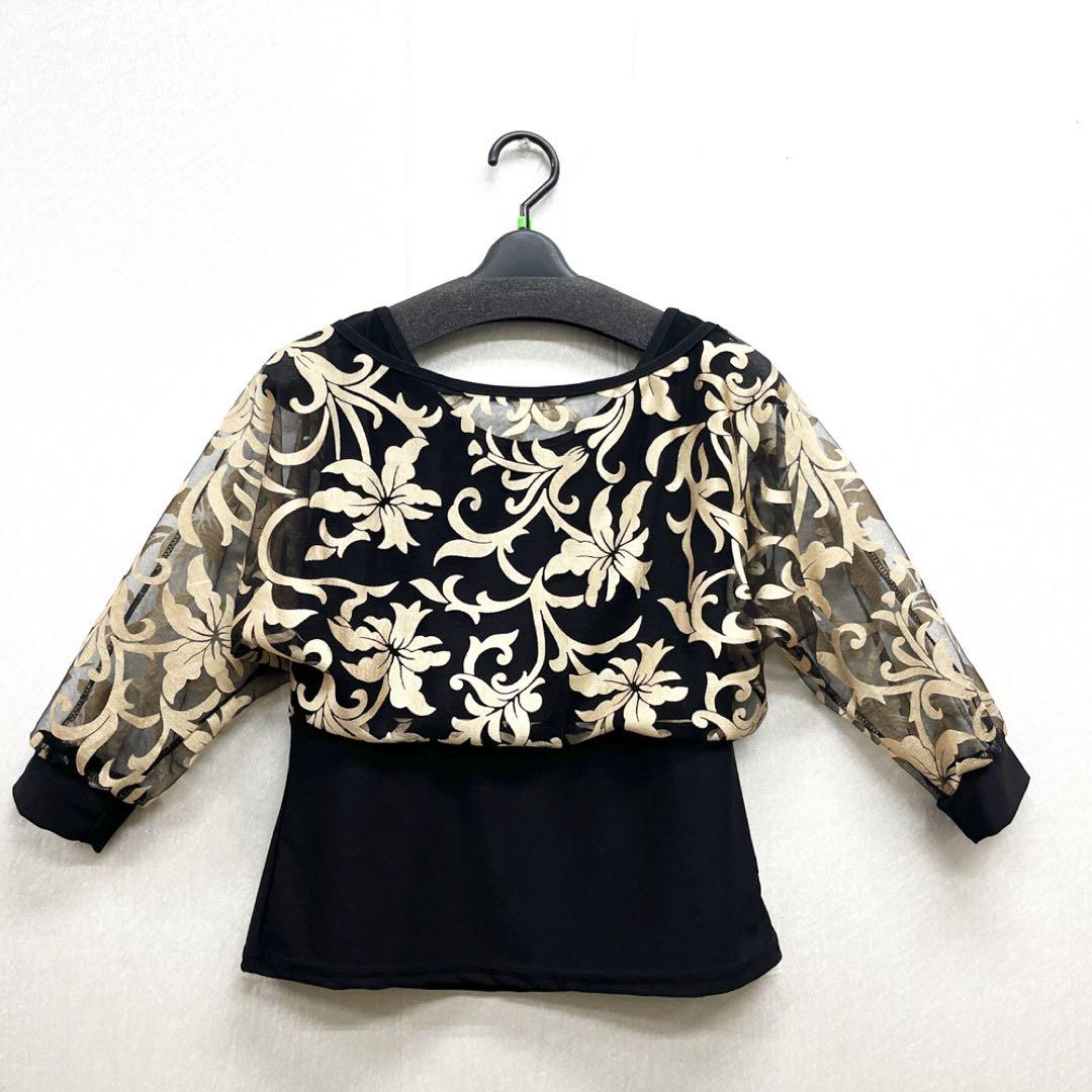 新品 社交ダンス セットアップ 黒地にゴールドプリント ドルマンスリーブ