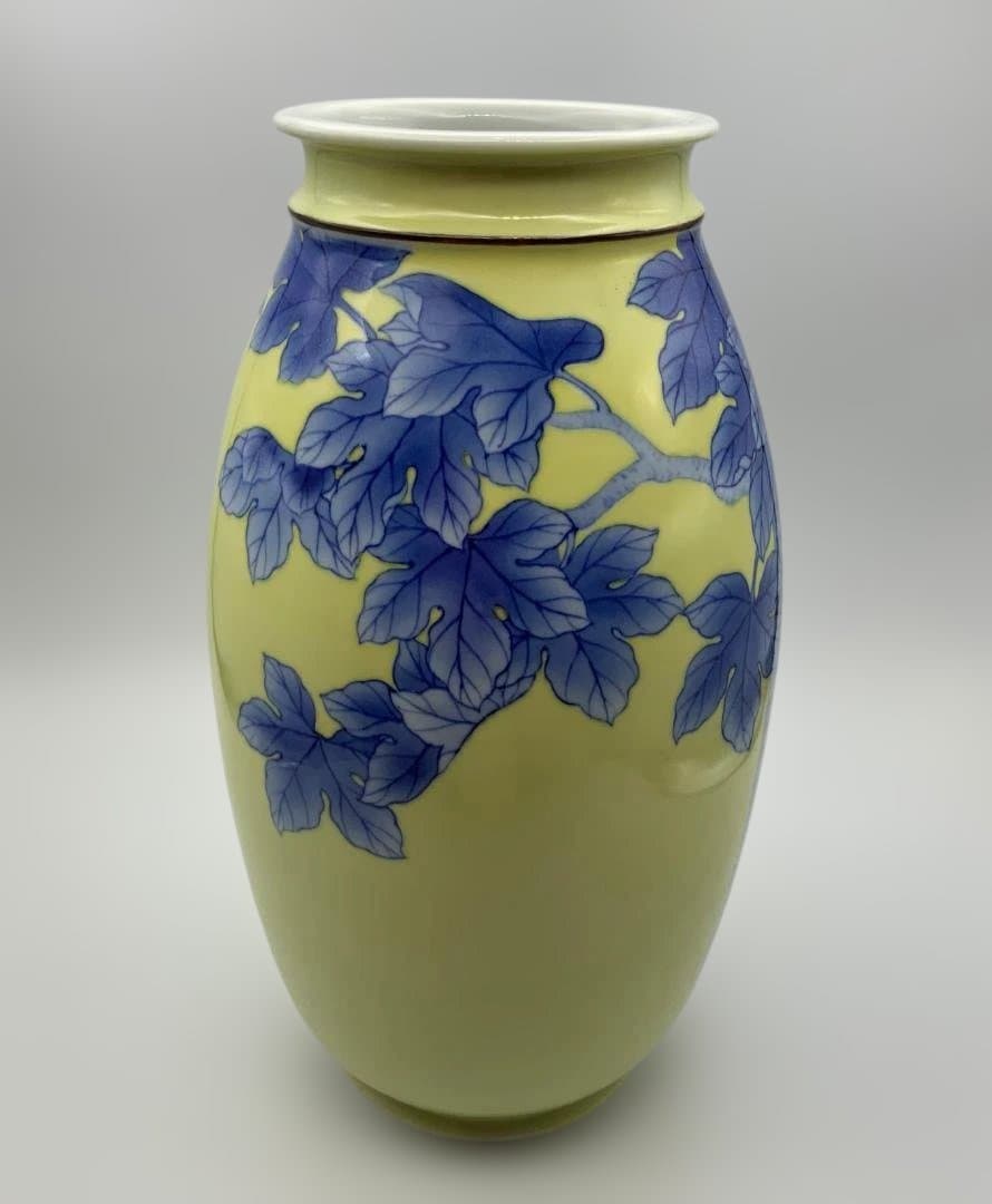 真葛香山 宮川香山 黄釉 青華 梧桐画 花瓶 共箱