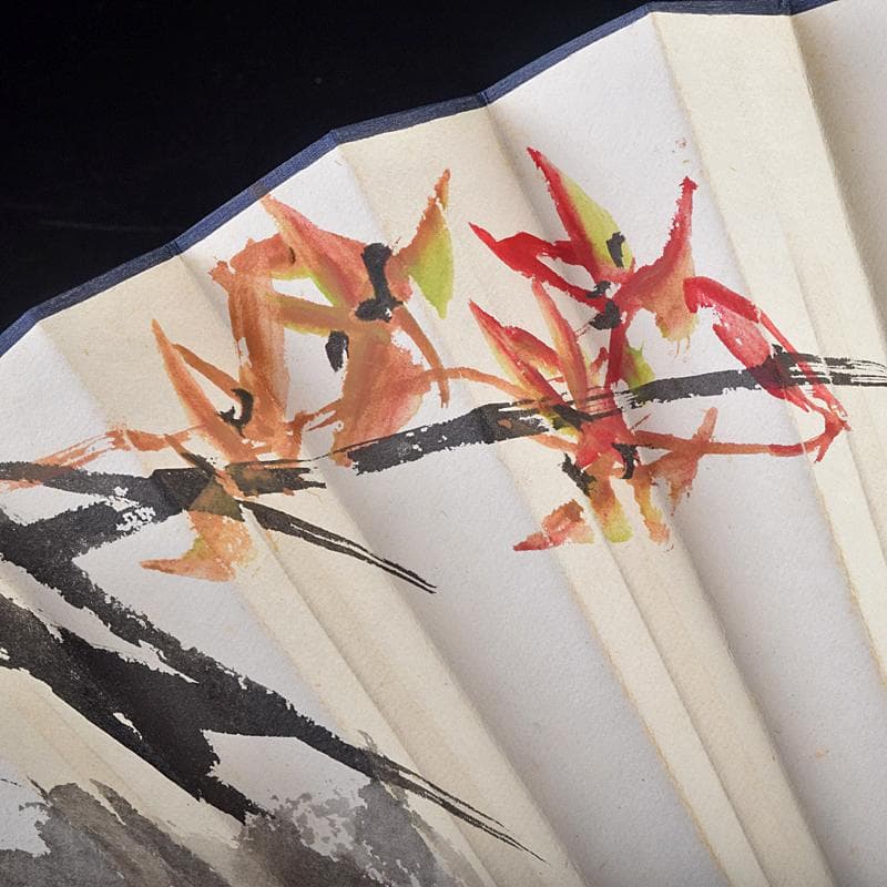 中国　雲溪竹人刻親骨　水墨画　漢詩花図　扇子　M　R8853