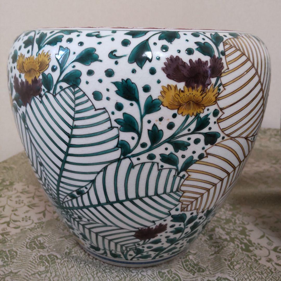 九谷焼柏葉文　火鉢　一対　木箱付き