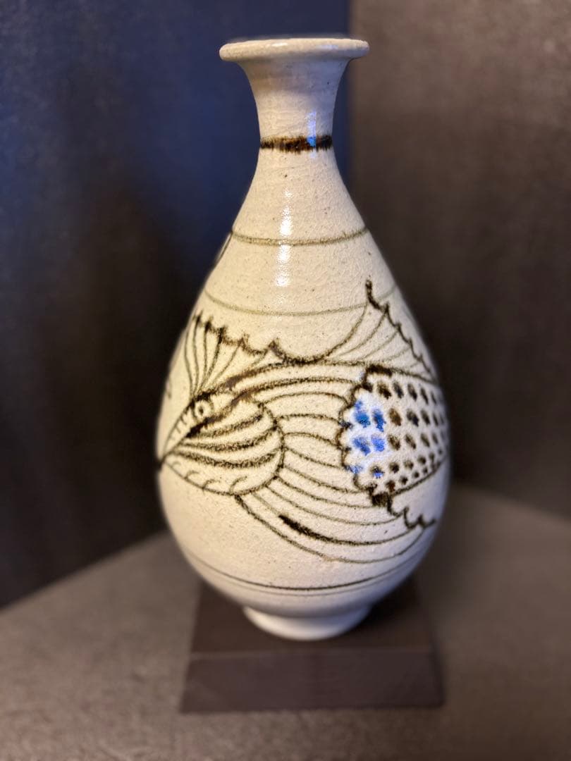 絵刷毛目魚文徳利 鶏龍山遊魚文酒瓶　鉄絵徳利　花瓶　花入　李朝