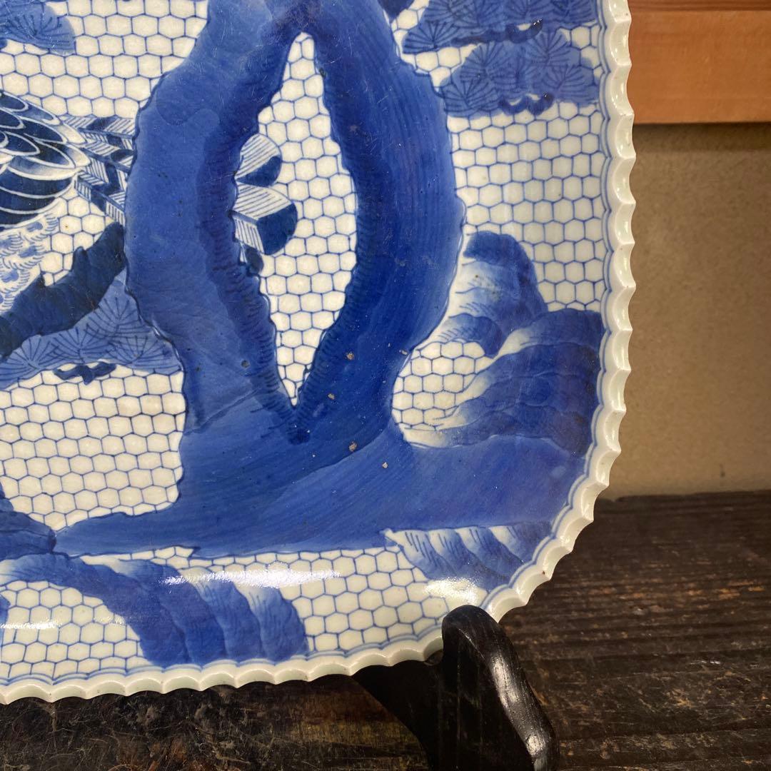 古伊万里江戸後期染付鷹狩り図大皿