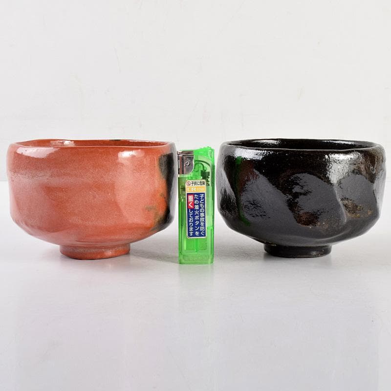 佐々木松楽作　黒楽　赤楽　一双　銘「福寿」前大徳大橋香林極め箱　M　R4996B