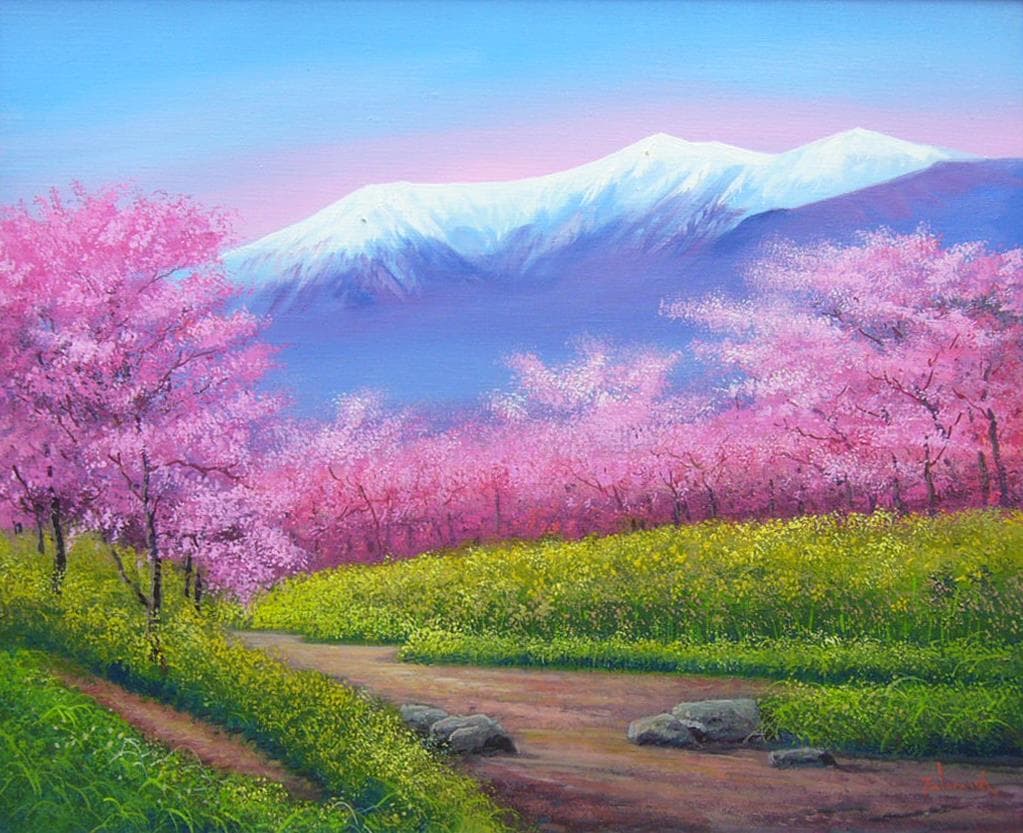絵画  油絵 肉筆油絵  竹内敏彦  風景画  桜の並木  Ｆ12