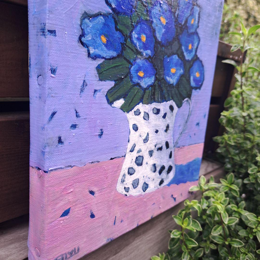 キャンバス油絵　専用　たっぷり入れた花瓶の青いお花