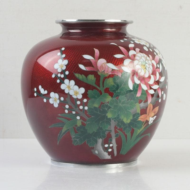 七宝焼　尾張佐藤七宝店謹製　赤透釉　四君子文　花瓶　V　9310