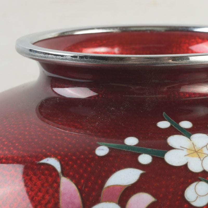 七宝焼　尾張佐藤七宝店謹製　赤透釉　四君子文　花瓶　V　9310