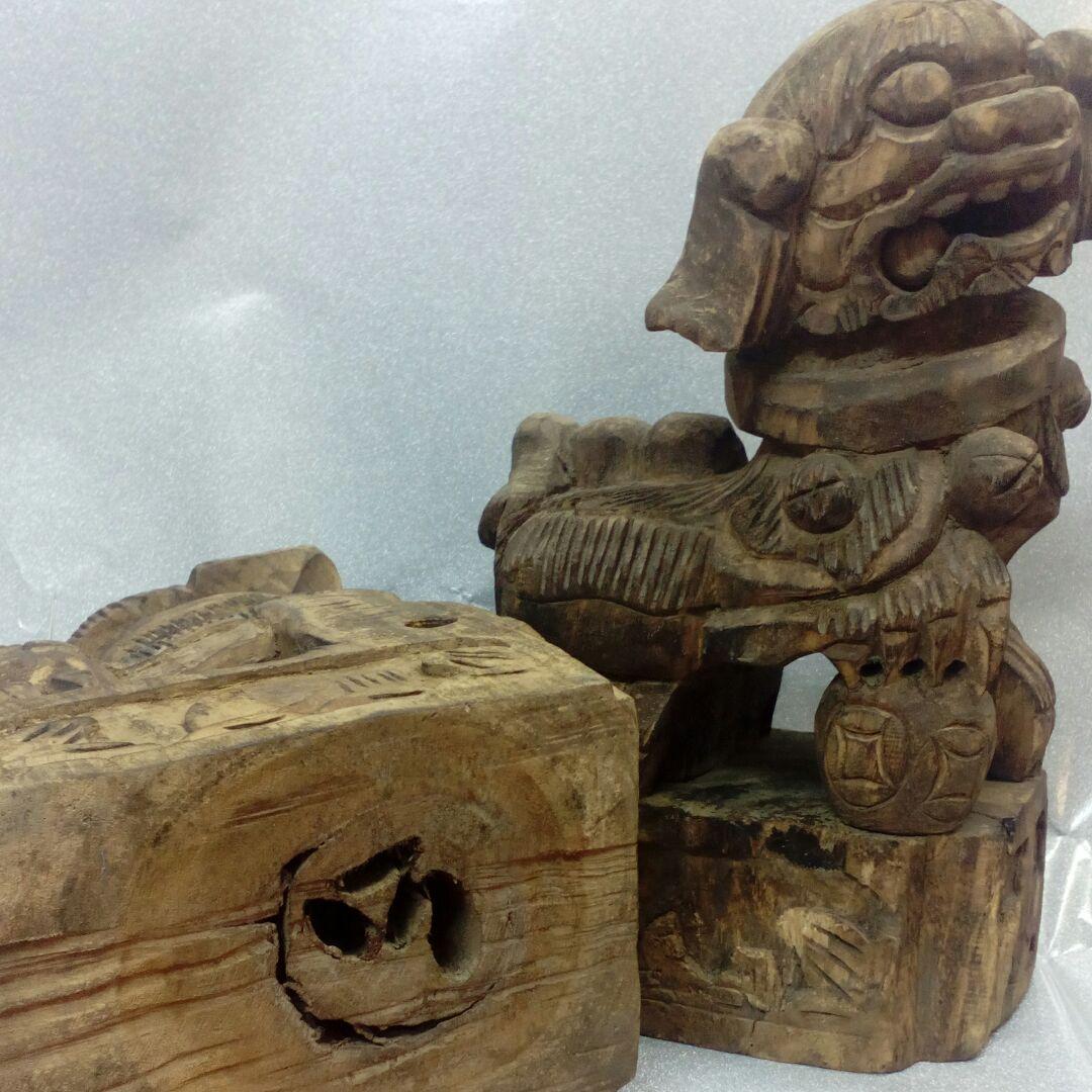 仏教古美術江戸時代中期頃細密造形造り木彫２対獅子２５〜２７センチ寺社仏閣当時物