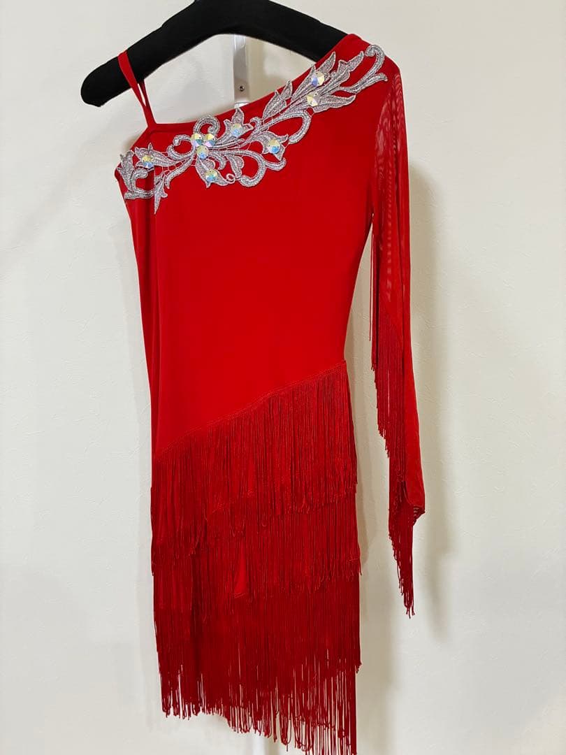 Create-sun 社交ダンス ドレス 赤 フリンジ×ビジュー アシンメトリー