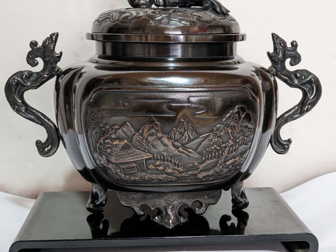 ♦香道具 獅子飾り 山水瓔珞紋様 龍双耳阿古柁形 大香炉 高岡銅器 高さ27cm
