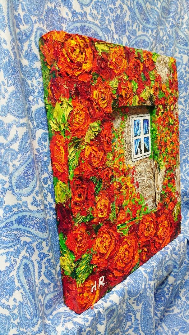 油絵 絵画【猫と赤い薔薇】