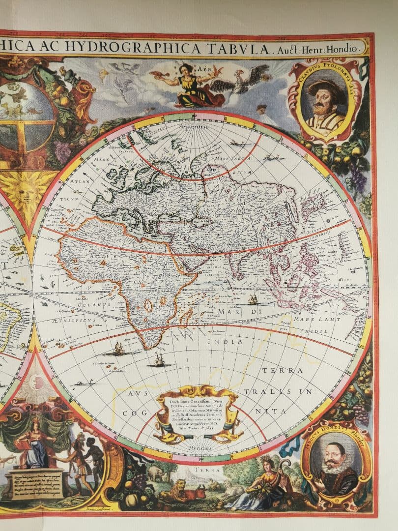 アンティークドイツ ローゼル 世界航海地図手刺繍キルト タペストリ 印刷地図絵付