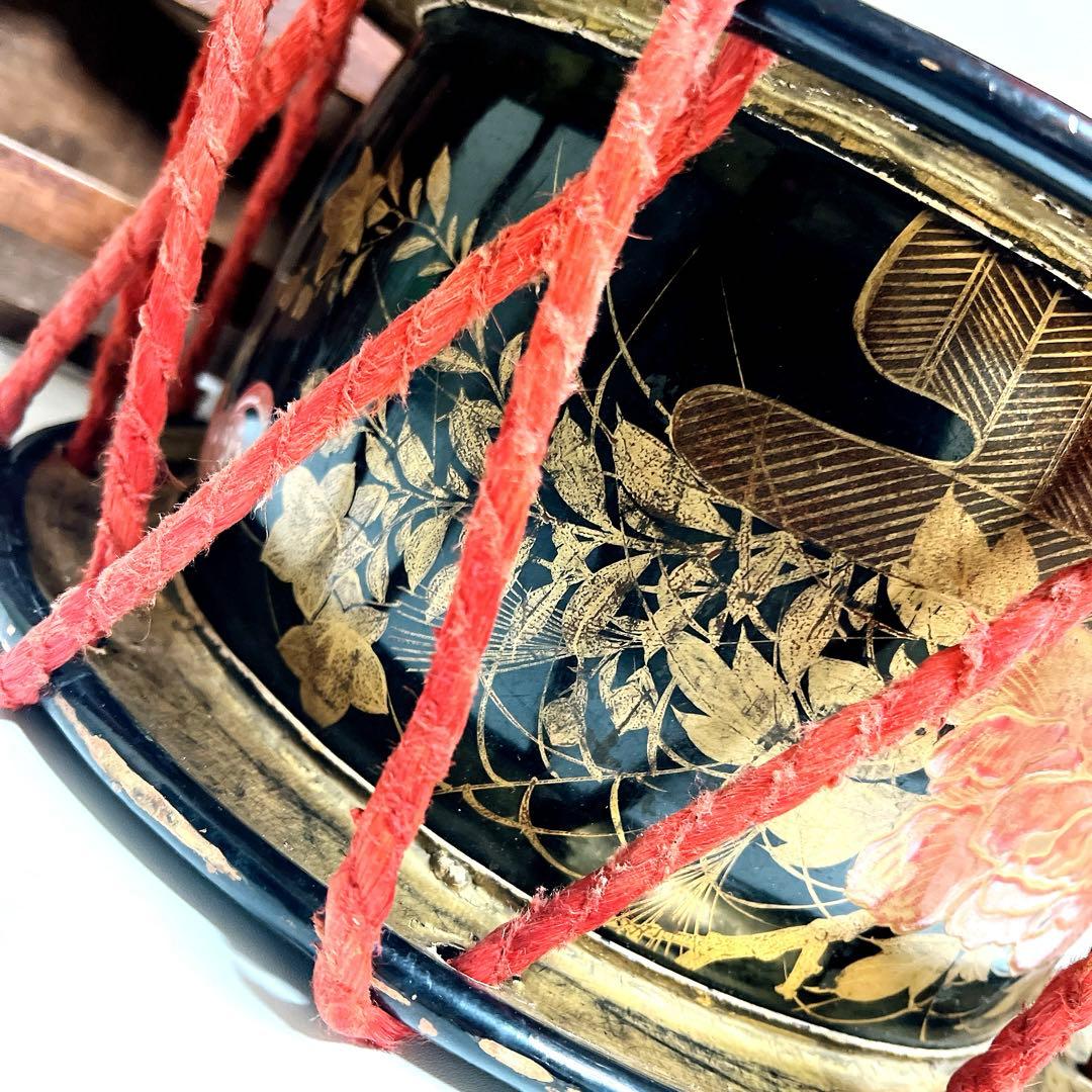【蔵出し品・希少】 締め太鼓 和太鼓 蒔絵 金彩 直径34.5cm 明治44年