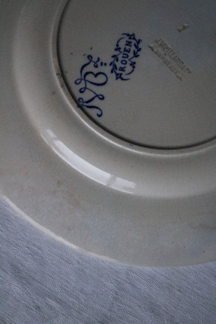 フランス　アンティーク　モノグラム　プレート　藍色　Bordeaux ルーアン