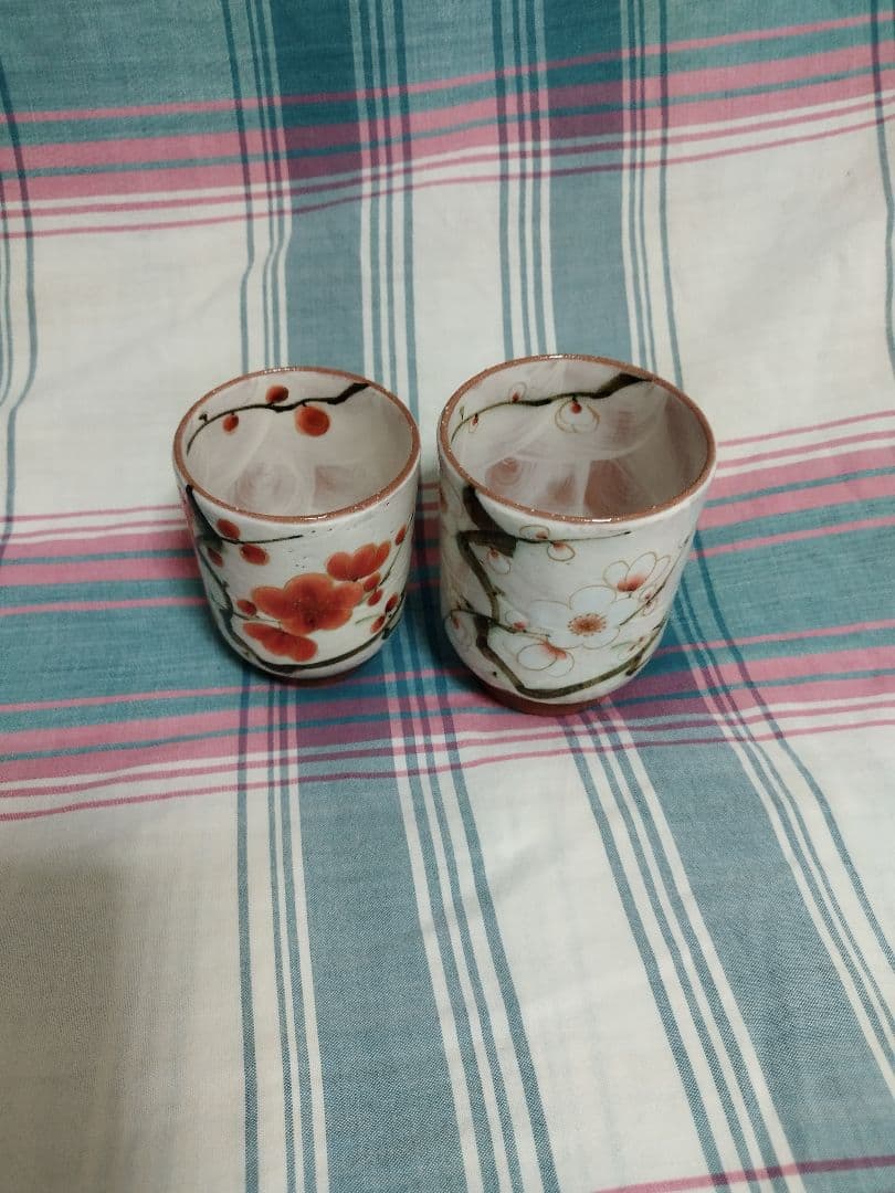 京焼/紅白梅/陶あん/湯呑/新品/2客/夫婦セット/木箱