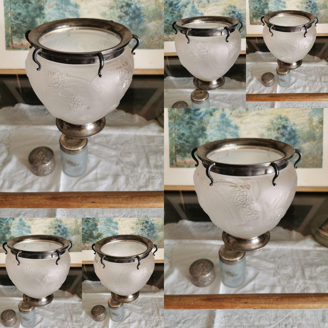 アンティーク ラリック 特注シルバー装飾台座＆口縁付 西洋花梨紋 ガラス大型花器