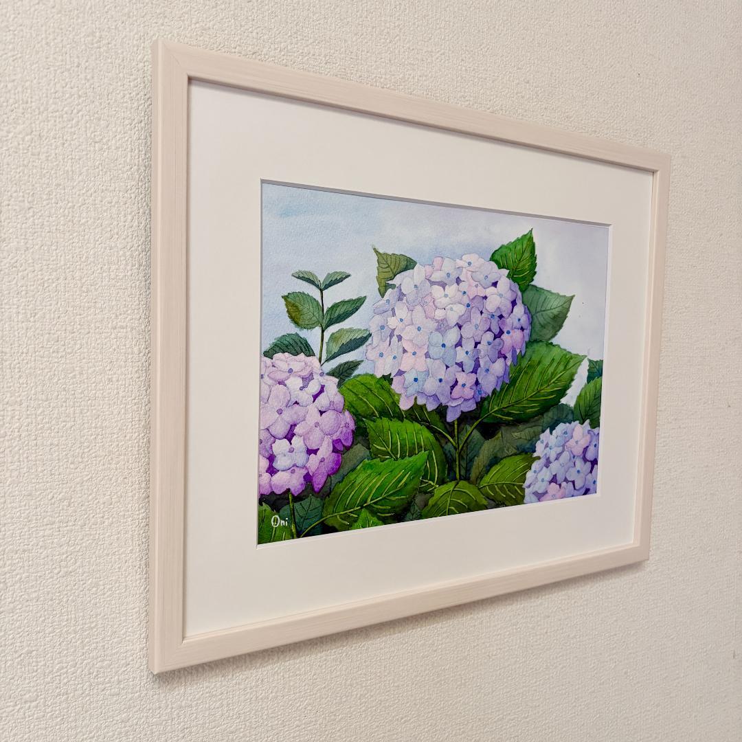 透明水彩画　原画　「薄紫のアジサイ」額縁付　４Fサイズ　風景画