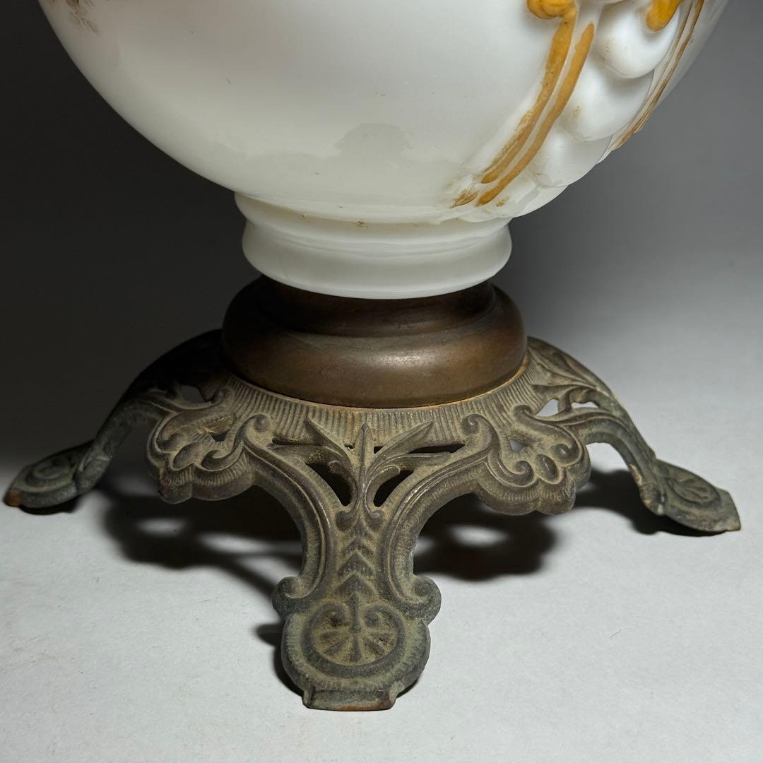 ◆希少 置きランプ 雷文擦り硝子火屋 ガラス絵乳白硝子オイル壺 明治時代◆