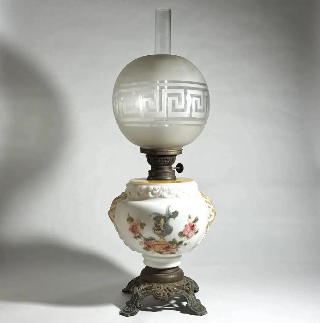 ◆希少 置きランプ 雷文擦り硝子火屋 ガラス絵乳白硝子オイル壺 明治時代◆