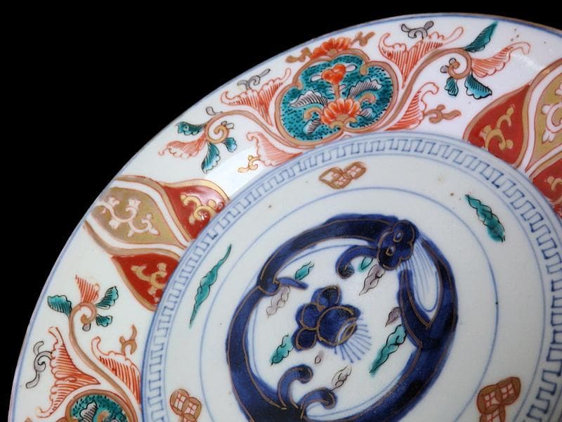 古伊万里　色絵　団龍紋に宝珠　花の図　７寸皿　３枚　珍品　C544AS-DBr