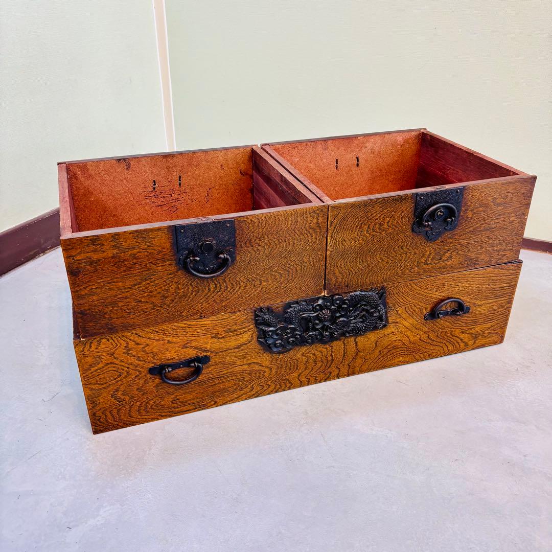 時代 帳場箪笥 【両面仕様】車箪笥 鍵付き 和モダン 古家具【鍵付き】