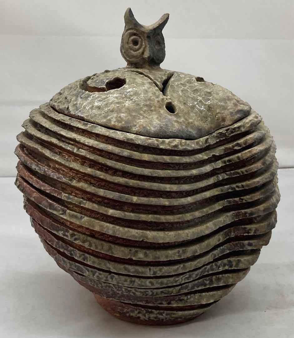 B154 山本出造「備前ブルゴーニュ土  積上香炉」 共箱　線香立付 フクロウ