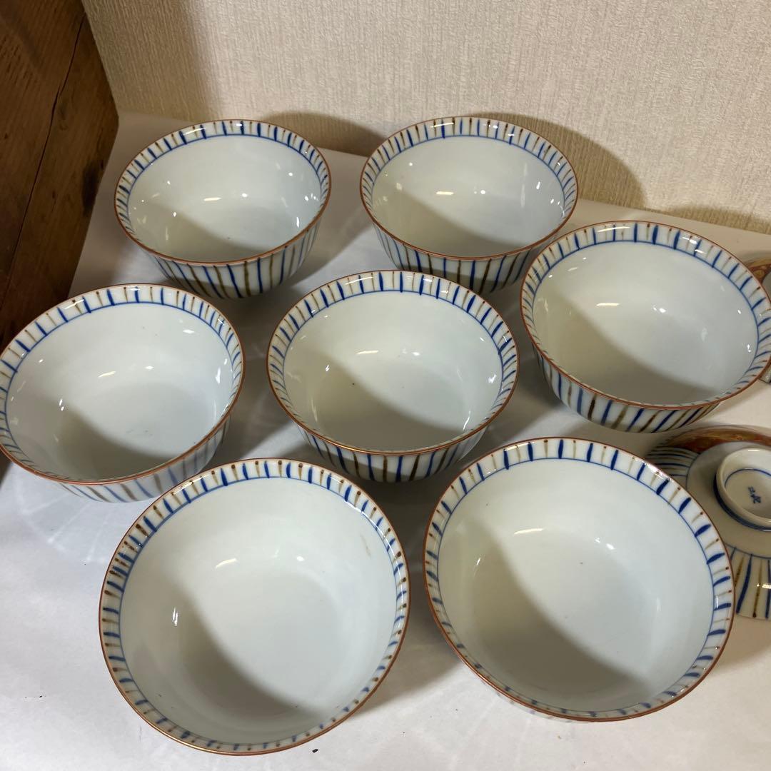 九谷焼骨董蓋付き茶碗７客「赤地金彩麦わら手」