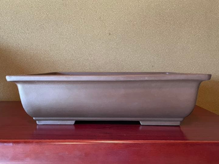 昭和盆栽鉢　紫泥外縁長方鉢切足　「山幸製陶」