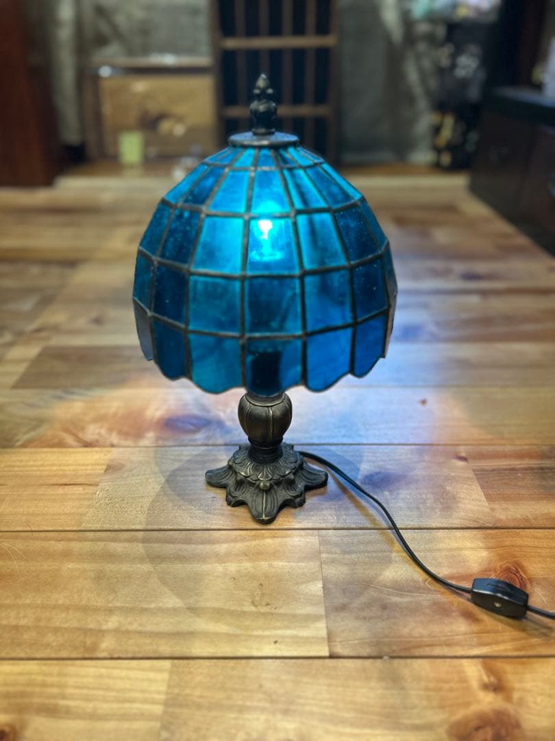 青いステンドグラス　ヴィンテージ テーブルランプ 昭和レトロ