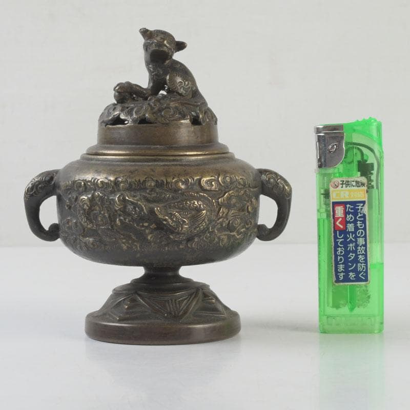 中国　古銅宣徳銅　獅子摘　龍鳳凰刻　蓋爐　香炉　V　9622