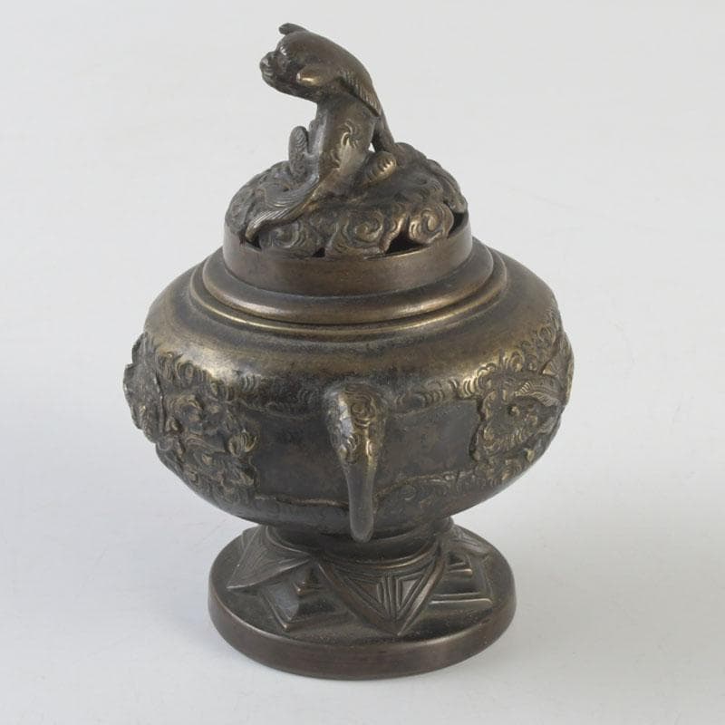 中国　古銅宣徳銅　獅子摘　龍鳳凰刻　蓋爐　香炉　V　9622