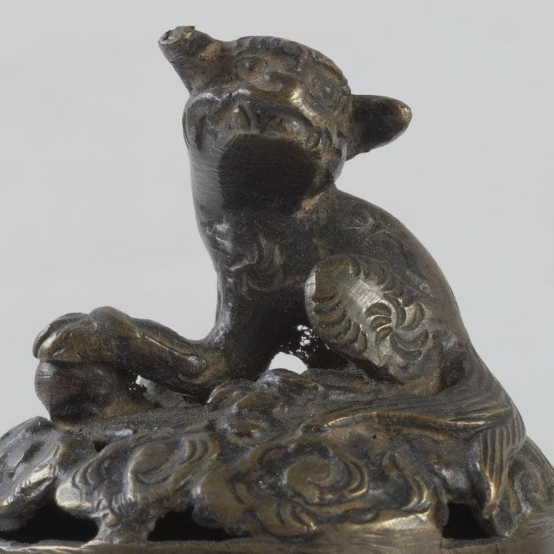 中国　古銅宣徳銅　獅子摘　龍鳳凰刻　蓋爐　香炉　V　9622