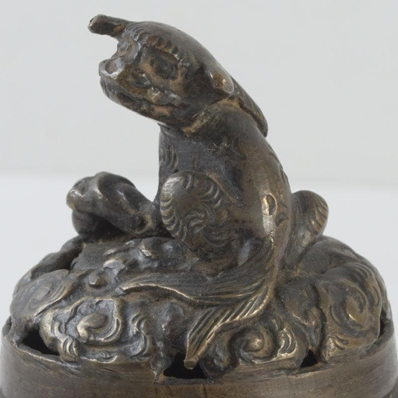 中国　古銅宣徳銅　獅子摘　龍鳳凰刻　蓋爐　香炉　V　9622