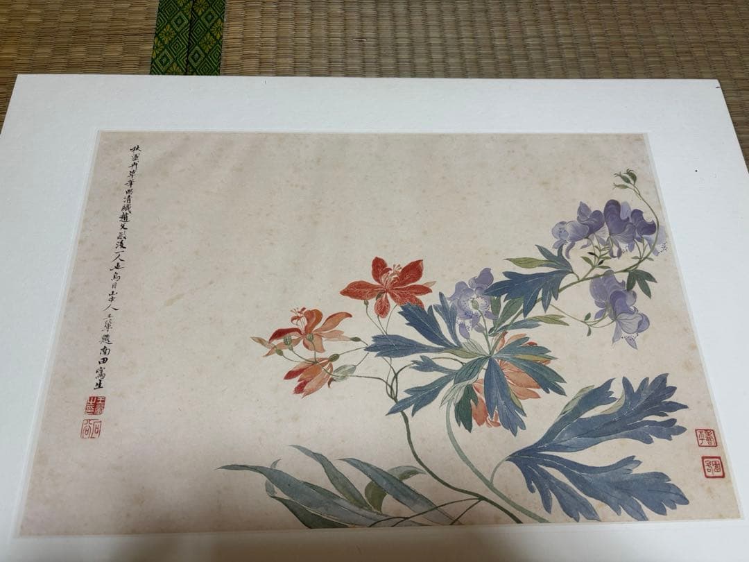 惲 壽平 秋花図（原寸大）水墨画 木製額縁付き　清　中国 二玄社　惲 寿平