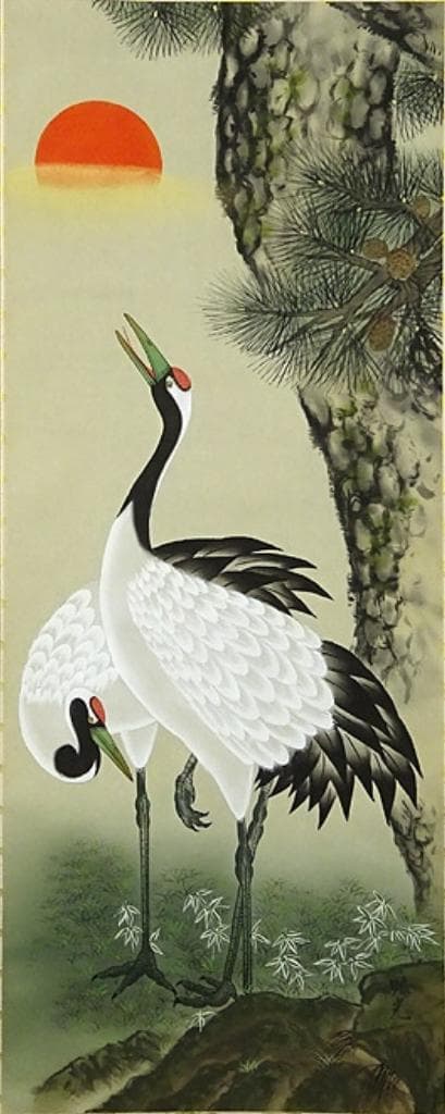 掛軸2本セット 翠光、昿光『高砂 老松鶴図』絹本 共箱 無地箱付 a060119