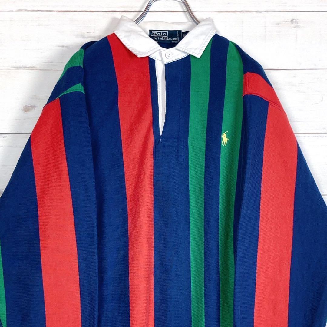 《美品》ポロバイラルフローレン☆M☆ラガーシャツ☆刺繍☆マルチストライプ☆M