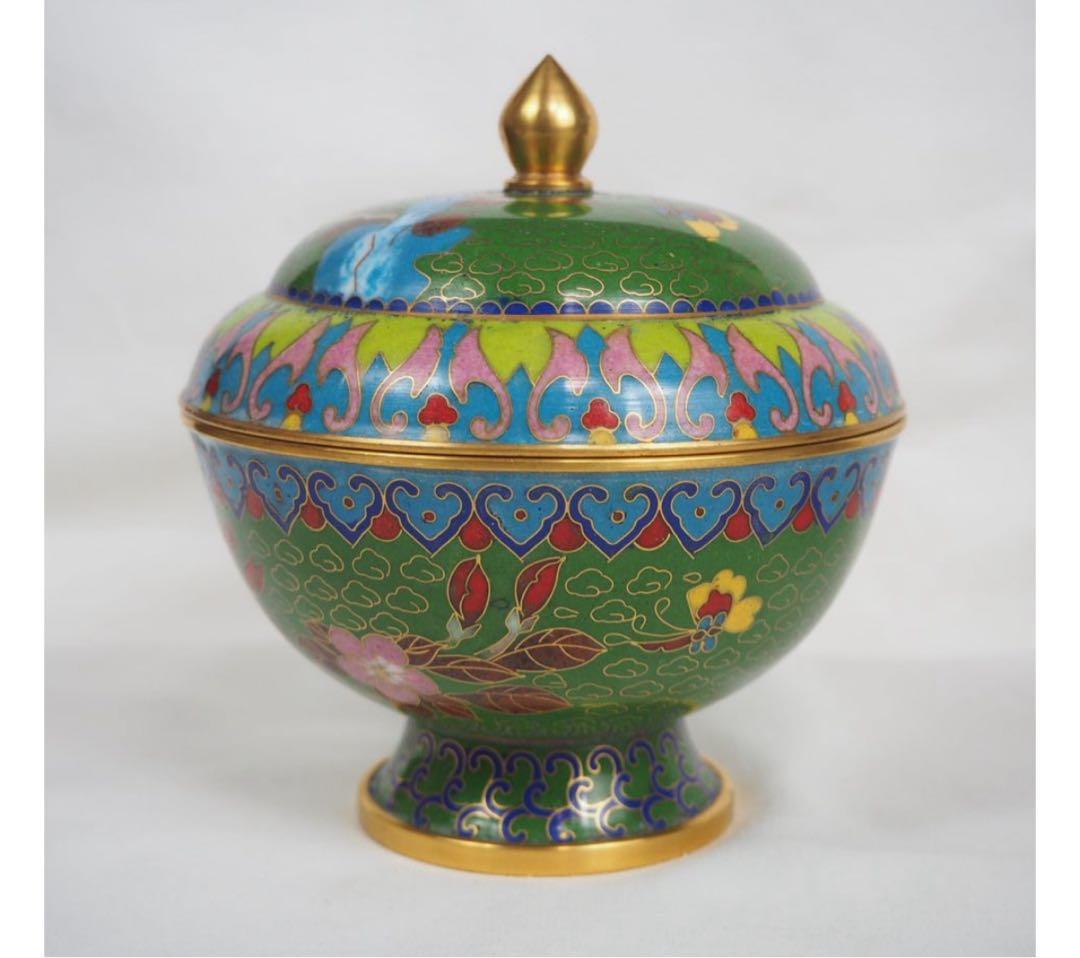 送料無料　中国古玩　景泰藍七宝蓋物一対　高さ約12ｃｍ