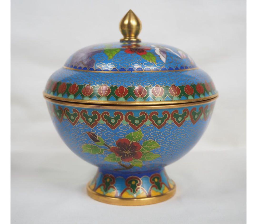 送料無料　中国古玩　景泰藍七宝蓋物一対　高さ約12ｃｍ