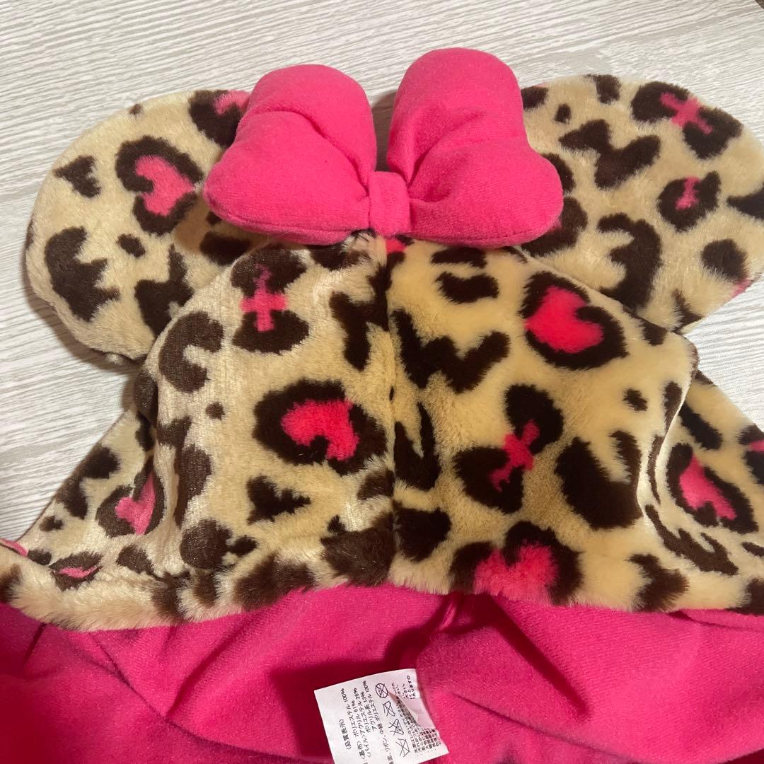 【美品】ディズニー マフラーファンキャップ 被り物 ヒョウ柄 ピンク