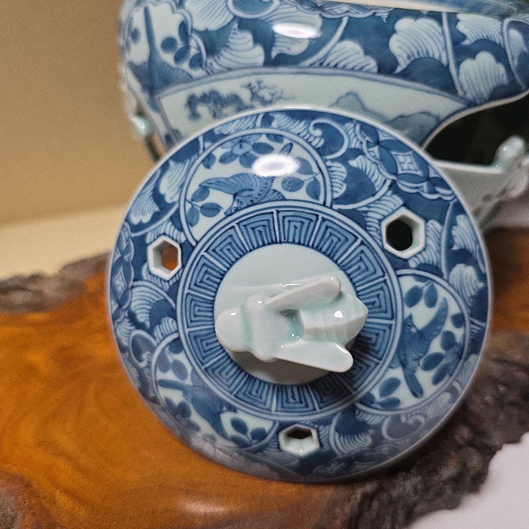 青雲窯 有田焼 染付祥瑞 山水風景図 青雲 茶道具 透かし彫り蜻蛉 三つ足香炉