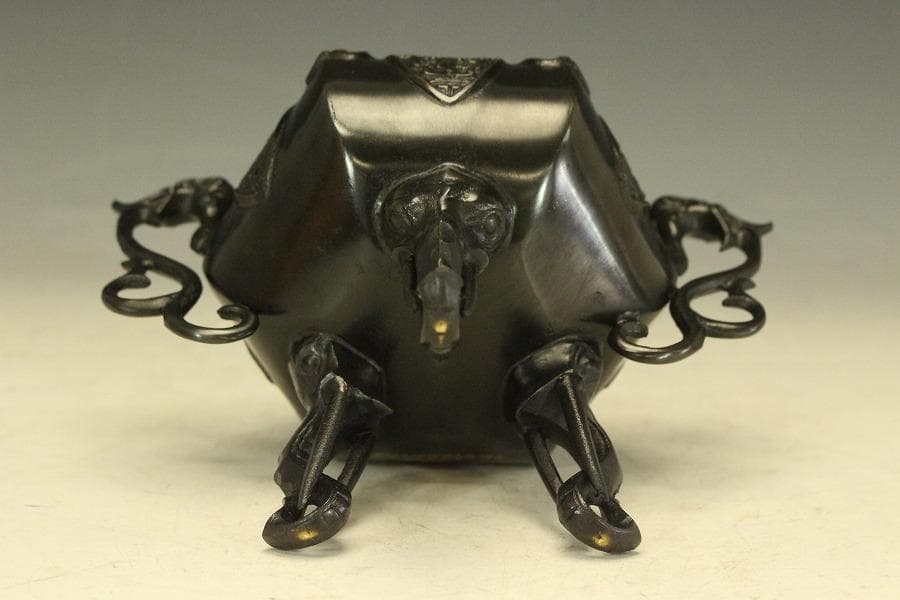 銅製 六角 象足 獅子蓋 香炉 未使用 共箱(LC790)