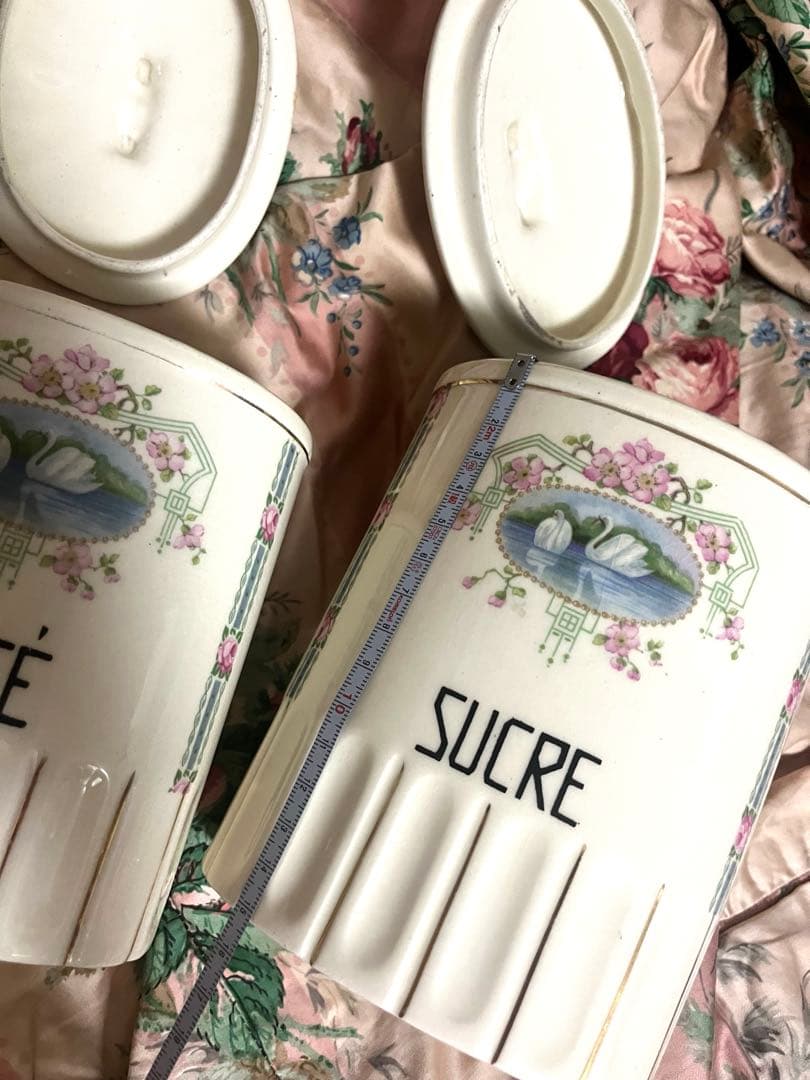 お値下げ　フランスアンティーク　小花&バラ&白鳥　キャニスター　4Pセット　陶器