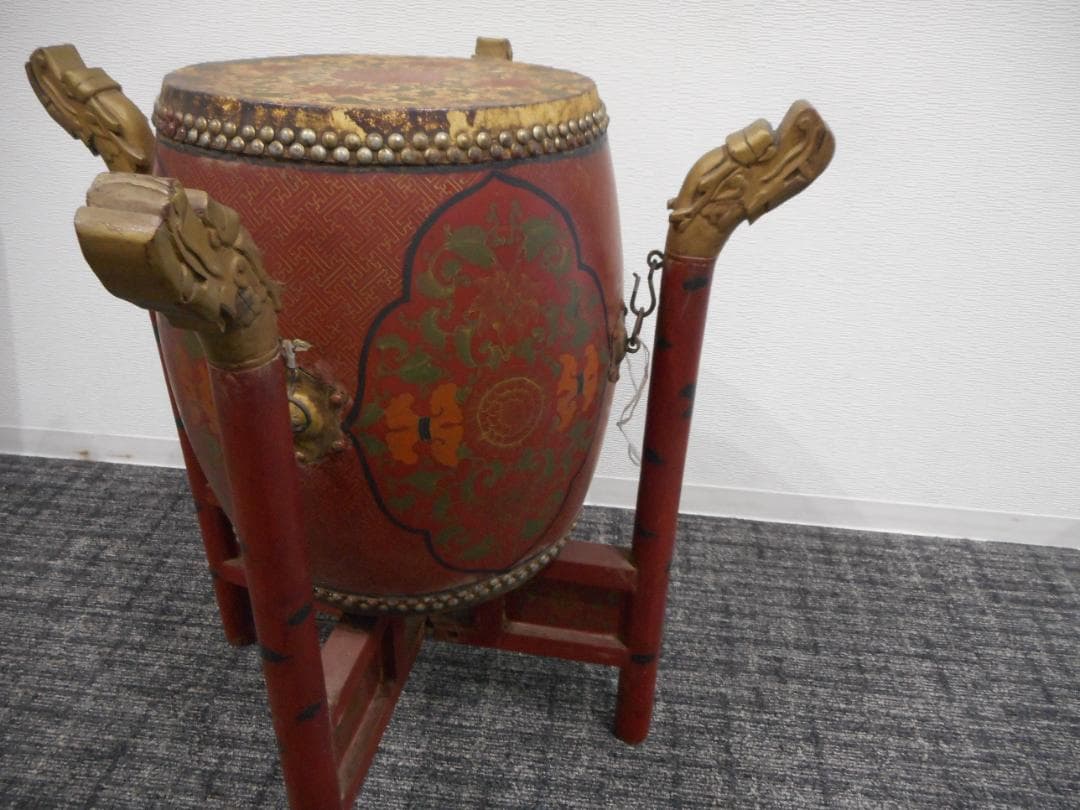 【保管品　中国伝統楽器】堂鼓（タングー、両面太鼓）（専用スタンド、バチ付き）